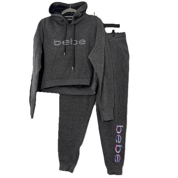 Bebe Sweatsuit Womens L Gray Sequins Rhinestones Logo Hoodie Joggers Lounge Y2K - Picture 1 of 11